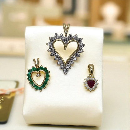 Vintage 14k Gold Heart Pendant Collection – Diamond, Emerald, and Ruby Hearts, Circa 1980–1990s - Petra Star