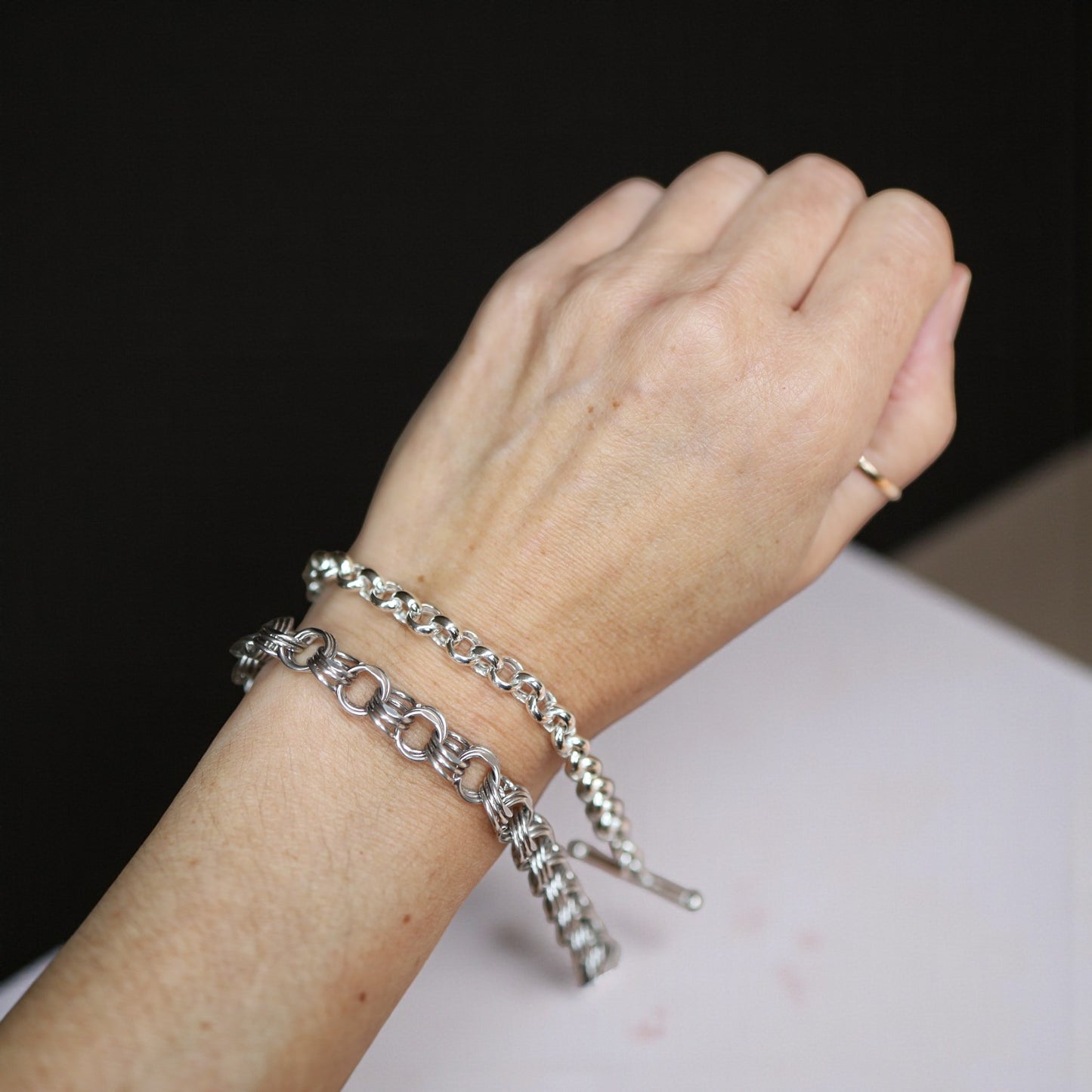 Estate Sterling Silver Triple Ring Link Charm Bracelet – Toggle Clasp with Safety Chain, 20.9g