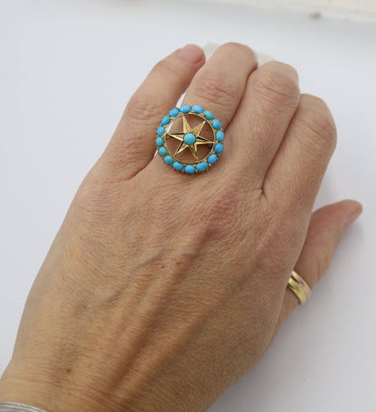 Art Nouveau Turquoise Star in Wheel Ring in 18k Yellow Gold