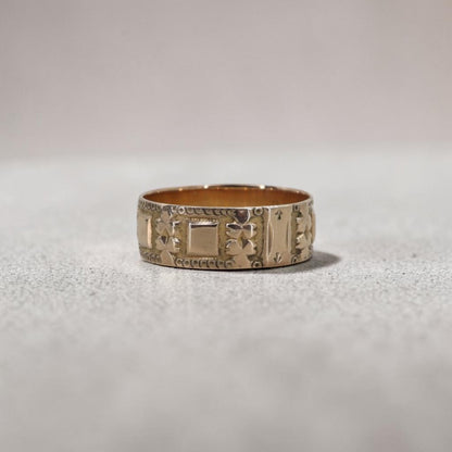Antique Victorian 10K Gold Cigar Band Ring | J.R. Wood & Sons | Floral Engraved Wedding Band | Petra Star - Petra Star