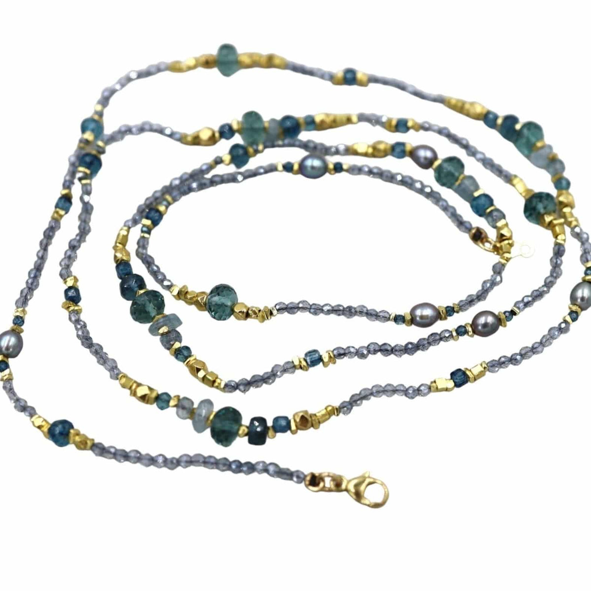 Aegean Necklace with Aquamarine, Kyanite, Pearl, Apetite, Blue Quartz Gold Filled 33" - Petra Star