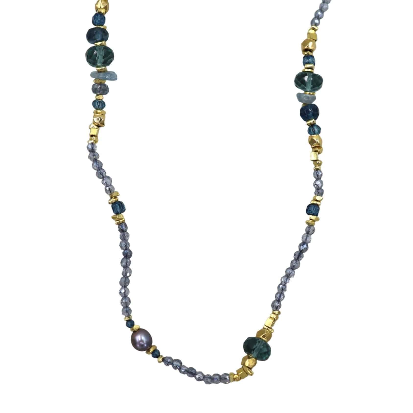 Aegean Necklace with Aquamarine, Kyanite, Pearl, Apetite, Blue Quartz Gold Filled 33" - Petra Star