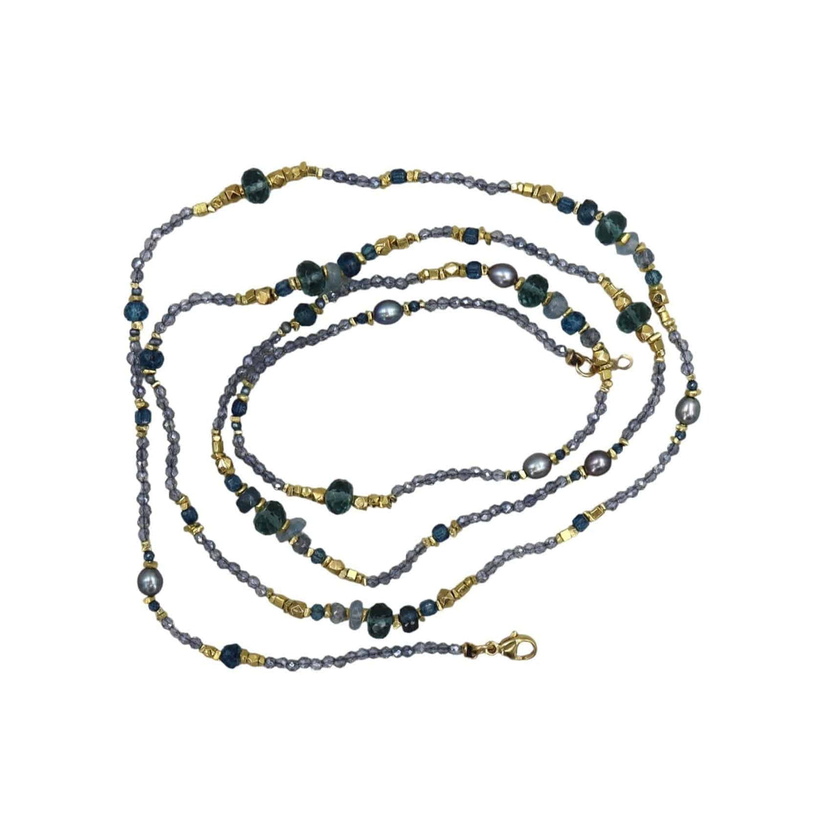 Aegean Necklace with Aquamarine, Kyanite, Pearl, Apetite, Blue Quartz Gold Filled 33" - Petra Star