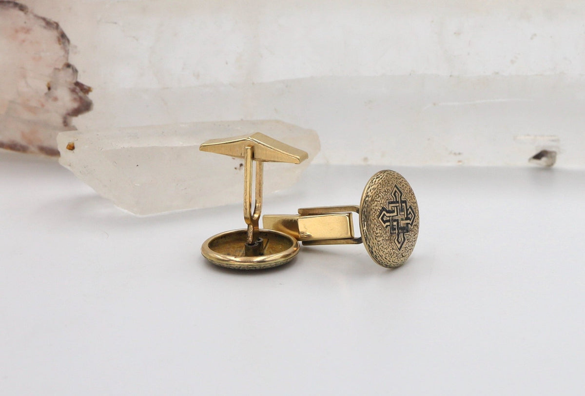 Antique 14k Yellow Gold & Black Enamel Cufflinks - Petra Star