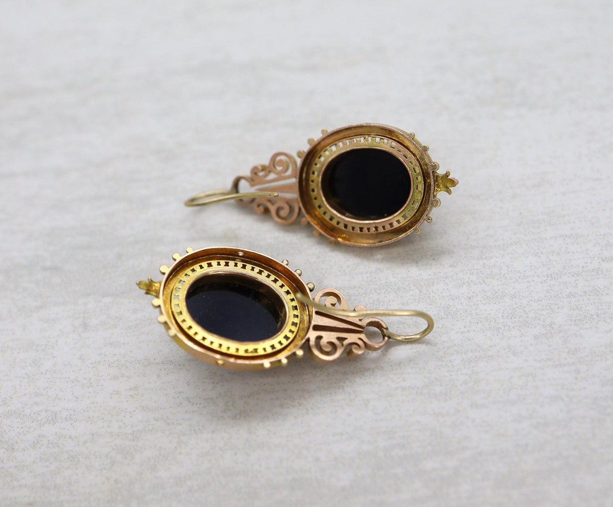 Antique 1880s Sardonyx Cameo Earrings – 14k Yellow & Rose Gold Hardstone - Petra Star