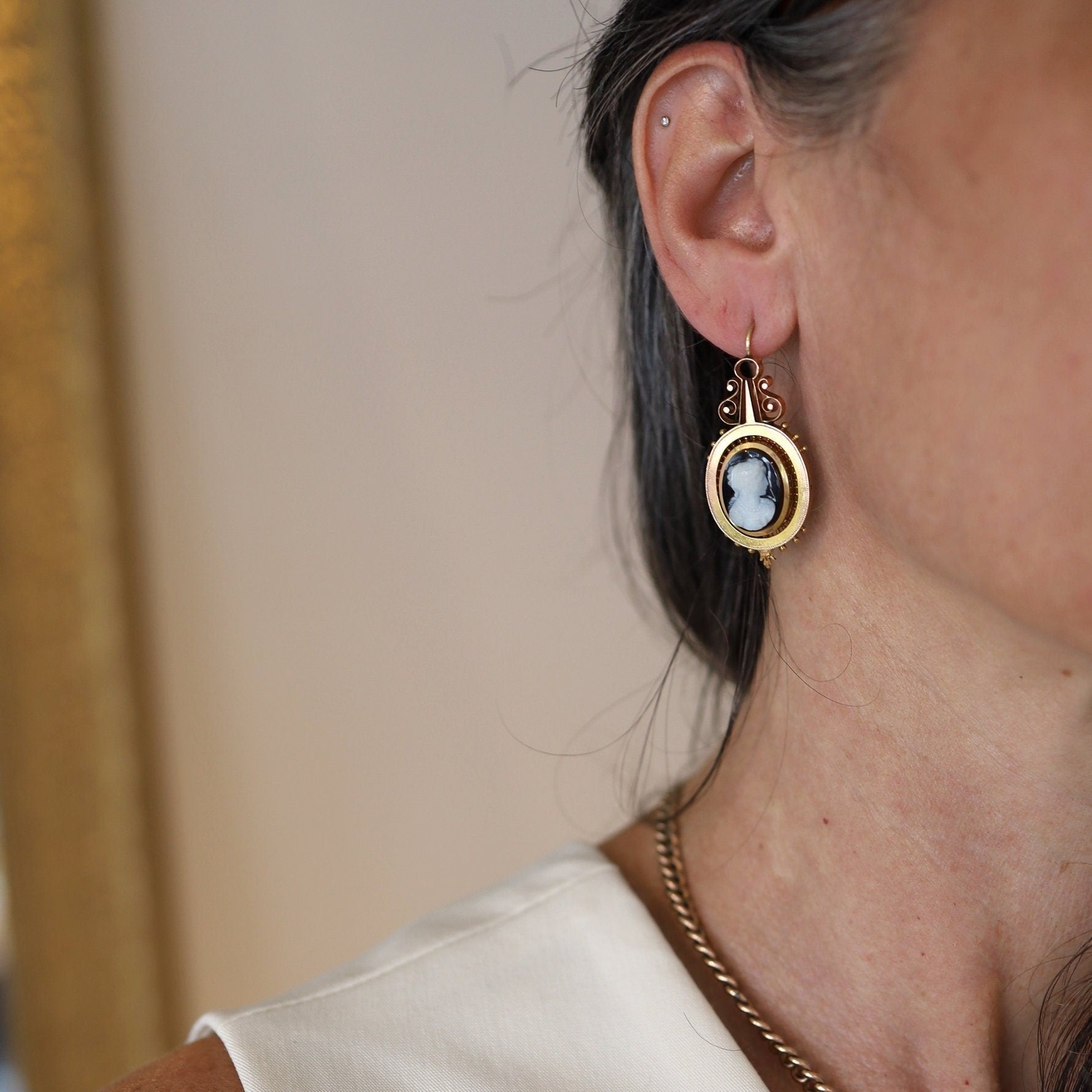 Antique 1880s Sardonyx Cameo Earrings – 14k Yellow & Rose Gold Hardstone - Petra Star