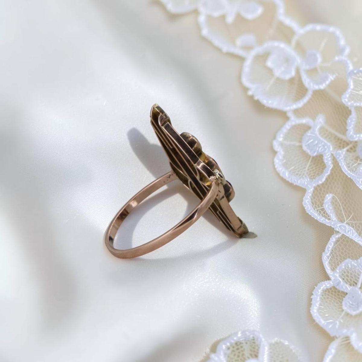 Antique Amethyst & Seed Pearl Navette Ring, Reimagined from a Late Victorian Brooch — 10K Pink Gold, Size 7 - Petra StarRing