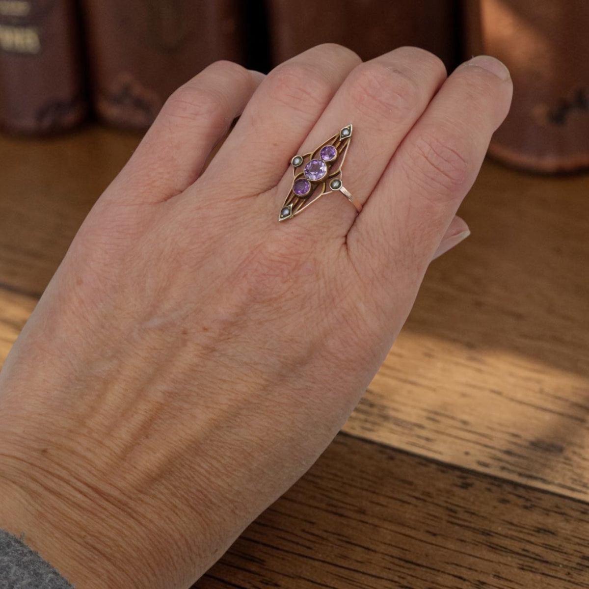 Antique Amethyst & Seed Pearl Navette Ring, Reimagined from a Late Victorian Brooch — 10K Pink Gold, Size 7 - Petra StarRing