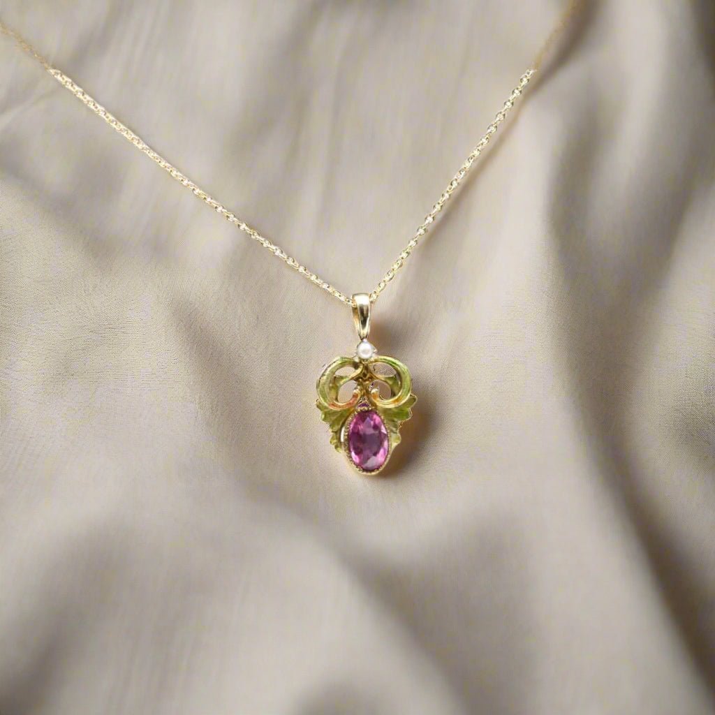Antique Art Nouveau Pink Sapphire & Enamel Pendant - Petra Star