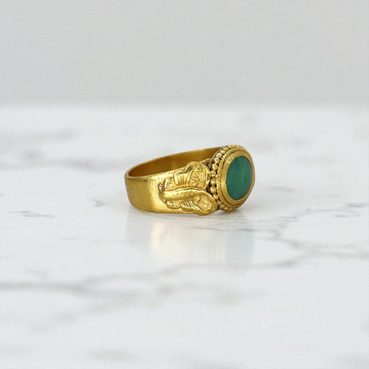 Antique Chinese Jade saddle ring with butterfly design, 22K gold accents, vintage Art Nouveau style, detailed jewelry piece