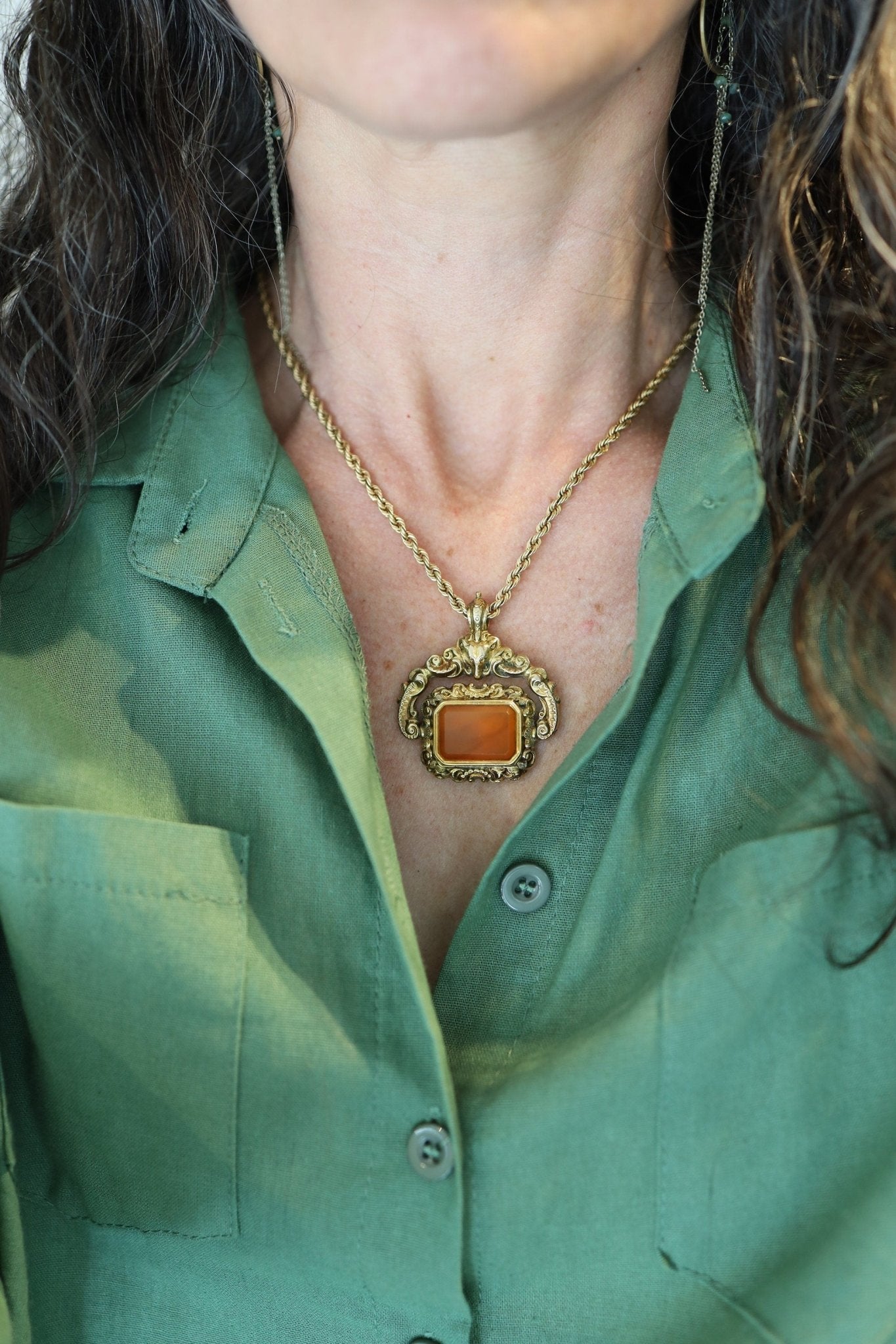 Antique Carnelian Locket Fob with Intricate Repoussé Hunting Dog Design - Petra Star