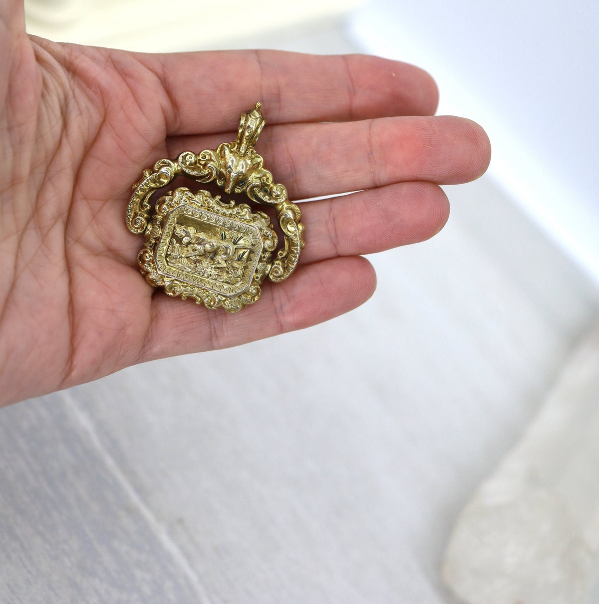 Antique Carnelian Locket Fob with Intricate Repoussé Hunting Dog Design - Petra Star
