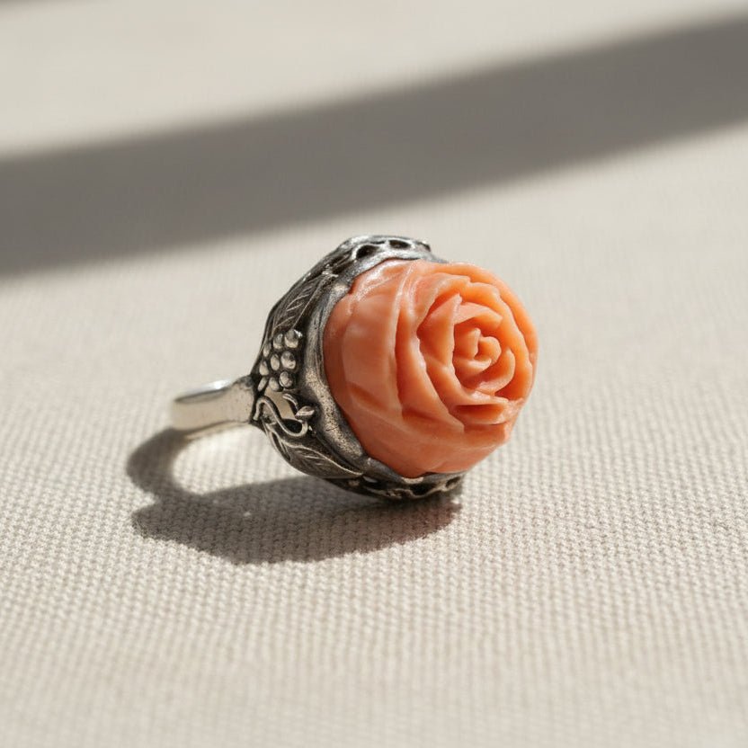 Antique Chinese Carved Coral Ring in Sterling Silver - Petra Star