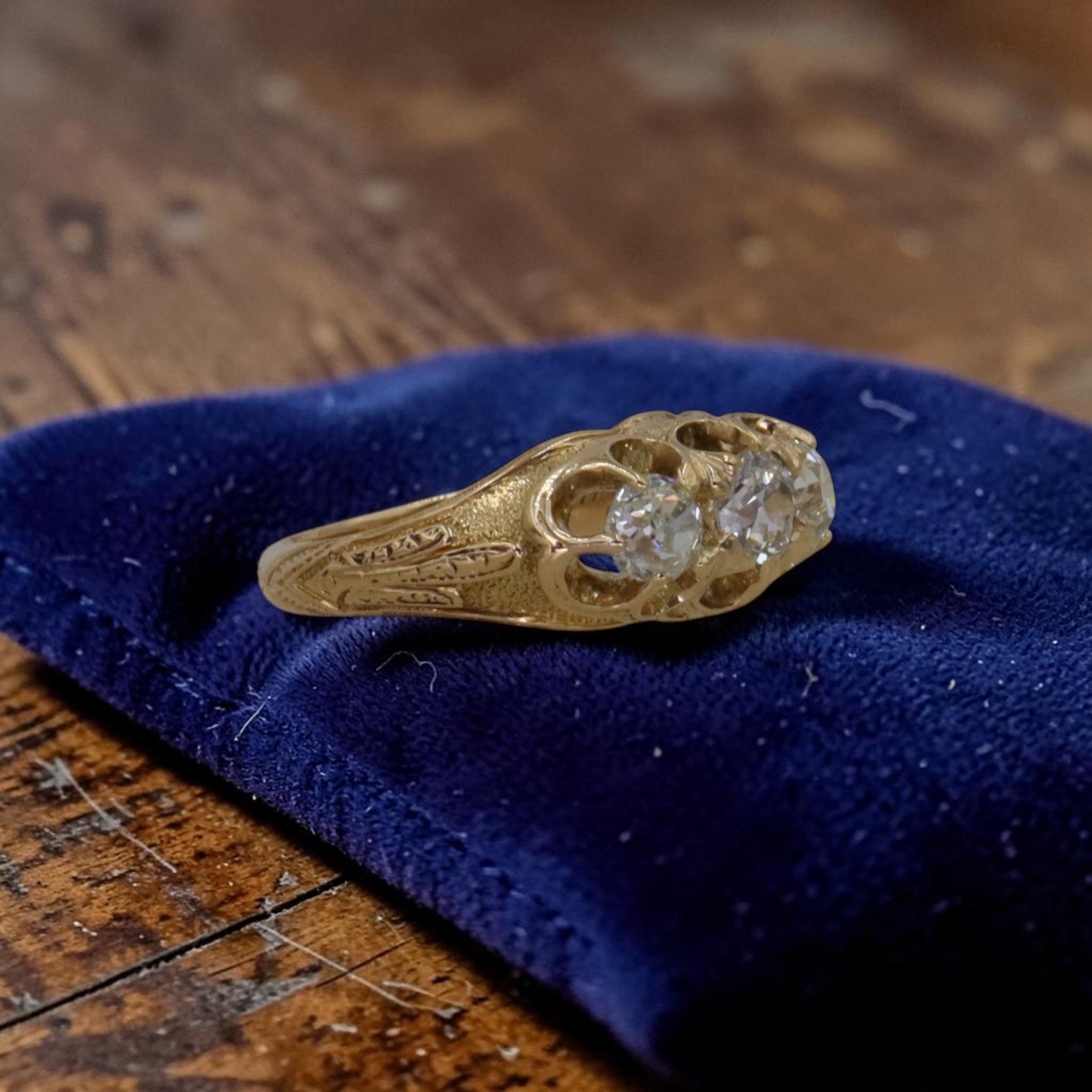 Antique Victorian 3 stone diamond gold ring with 0.93ct old mine cut diamonds, engraved, gypsy set trilogy, vintage style.