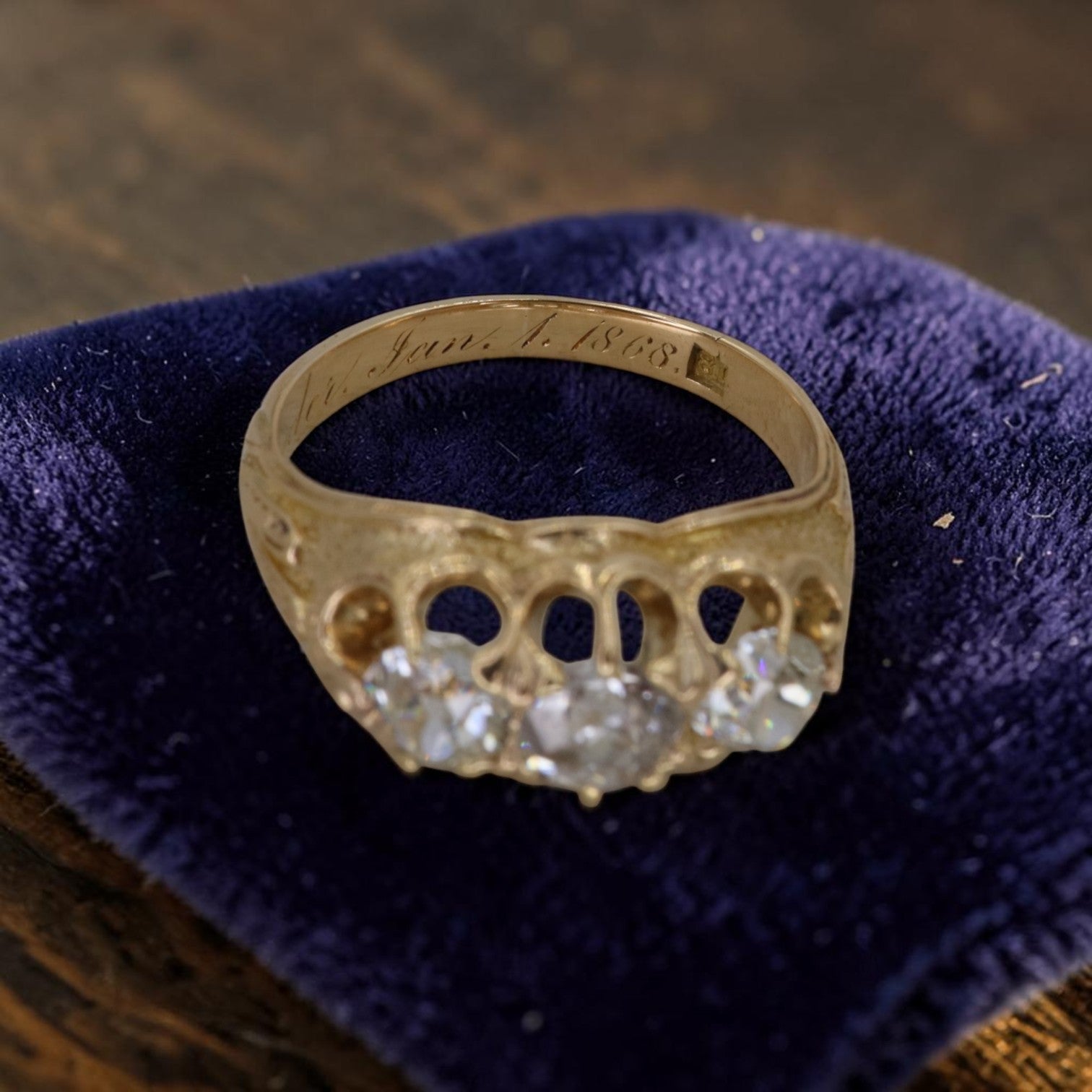 Antique Victorian 3 stone diamond ring with 0.93ct old mine cut diamonds, 18K gold band, engraved date 1868, gypsy set trilogy.