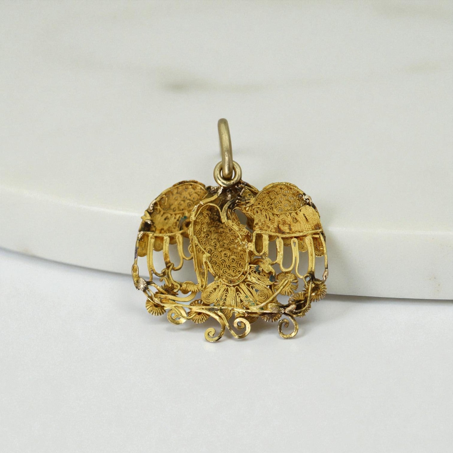 Antique Peacock Pendant in 20k Gold with Cannetille Detail (c. Victorian British Raj) - Petra Star
