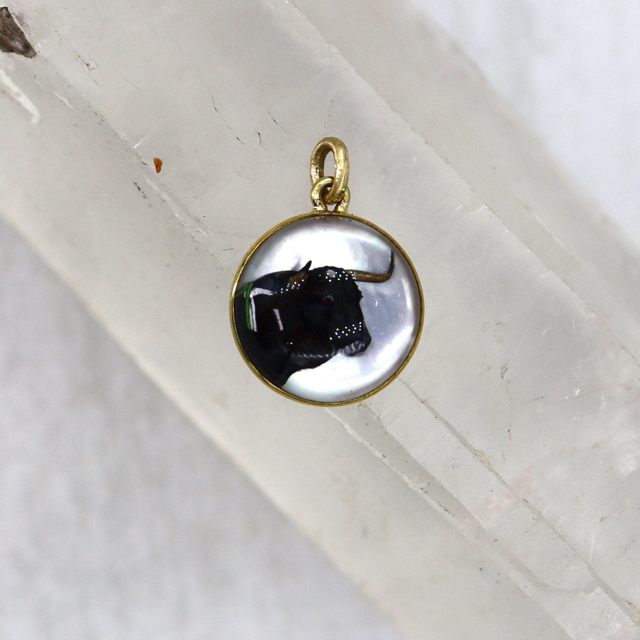 Antique Reverse-Painted Essex Crystal Ox Pendant in 18k Yellow Gold - Petra Star