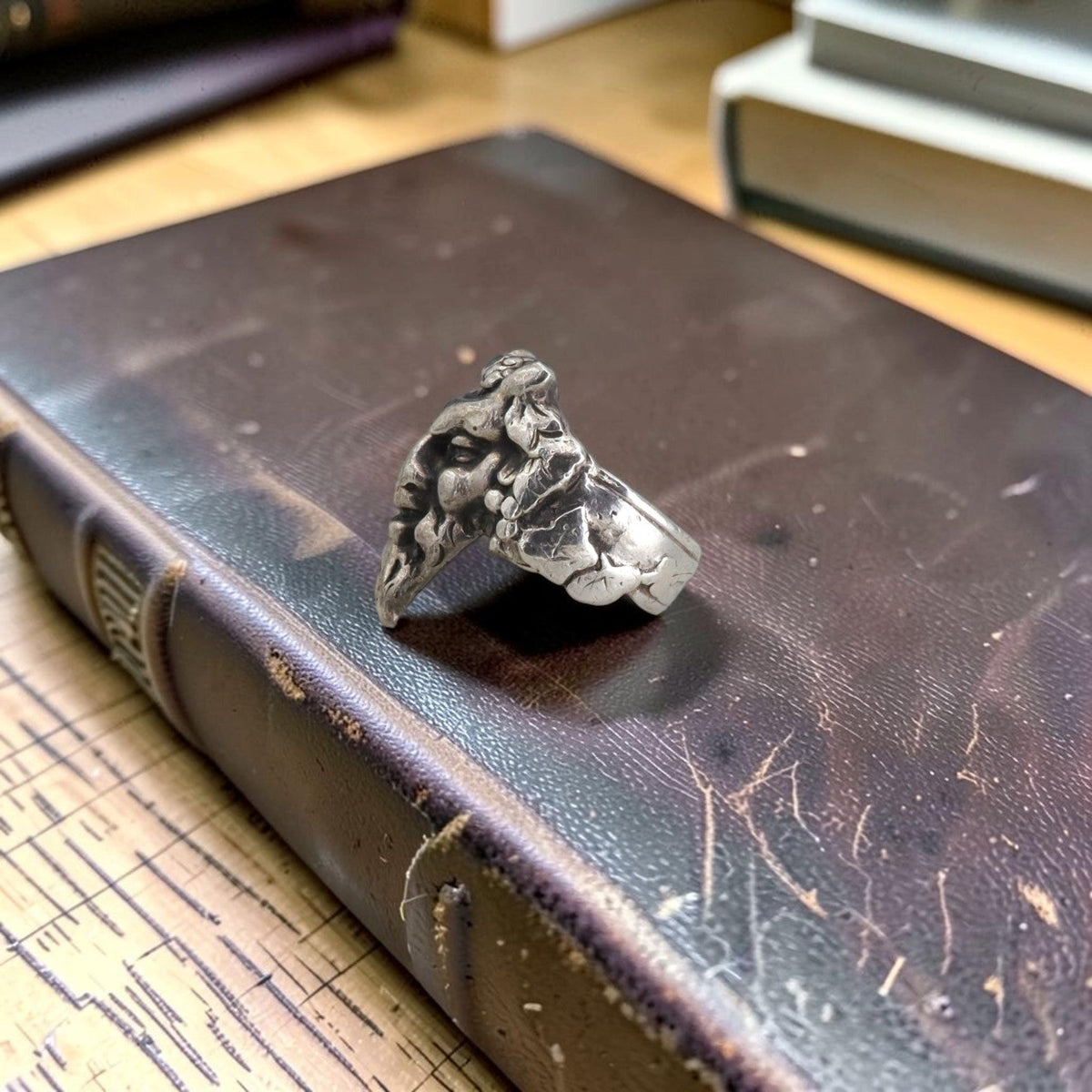 Antique Silver Satyr Ring — Handmade Figural Devil Mask, Leaf Shoulders, Circa 1910, Size 6 - Petra StarRing