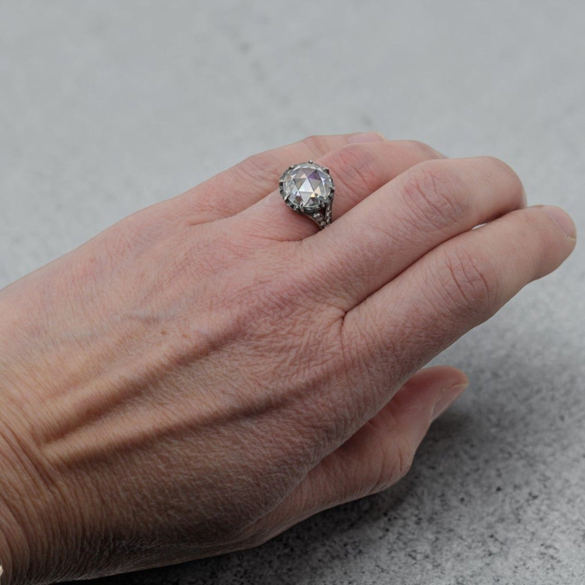 Antique Silver-Topped 14K Gold Ring with 2 Carat Round Rose Cut Moissanite — Pre-1850 Mounting, Size 6 - Petra StarEngagement Ring