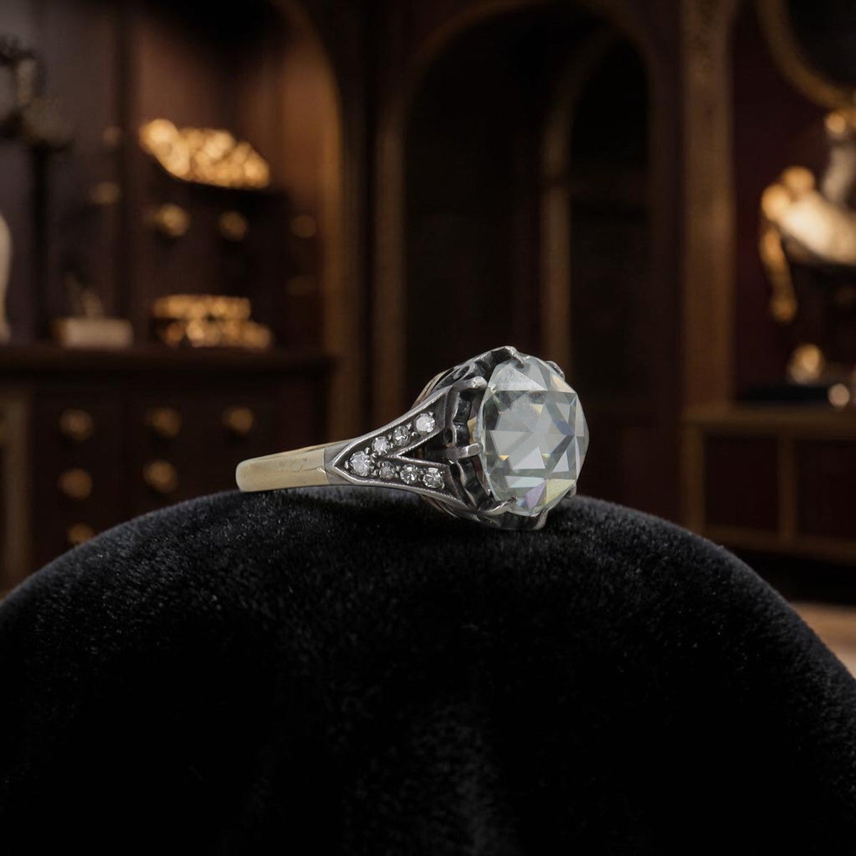Antique Silver-Topped 14K Gold Ring with 2 Carat Round Rose Cut Moissanite — Pre-1850 Mounting, Size 6 - Petra StarEngagement Ring