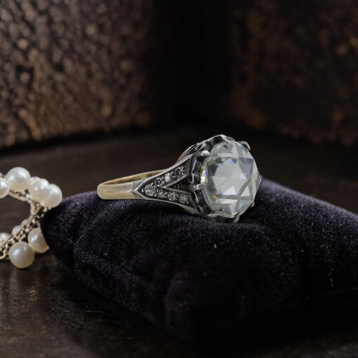 Antique Silver-Topped 14K Gold Ring with 2 Carat Round Rose Cut Moissanite — Pre-1850 Mounting, Size 6 - Petra StarEngagement Ring