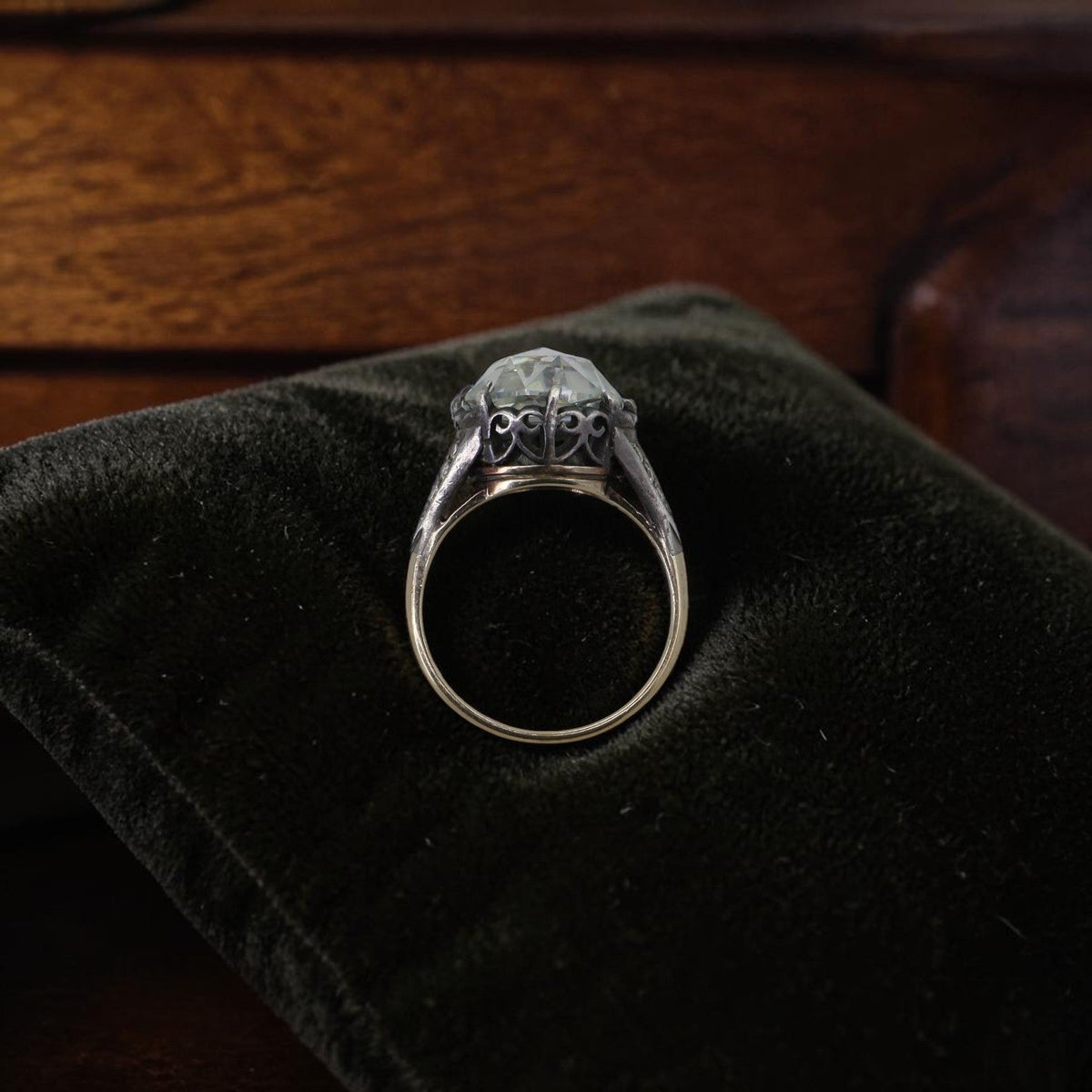 Antique Silver-Topped 14K Gold Ring with 2 Carat Round Rose Cut Moissanite — Pre-1850 Mounting, Size 6 - Petra StarEngagement Ring
