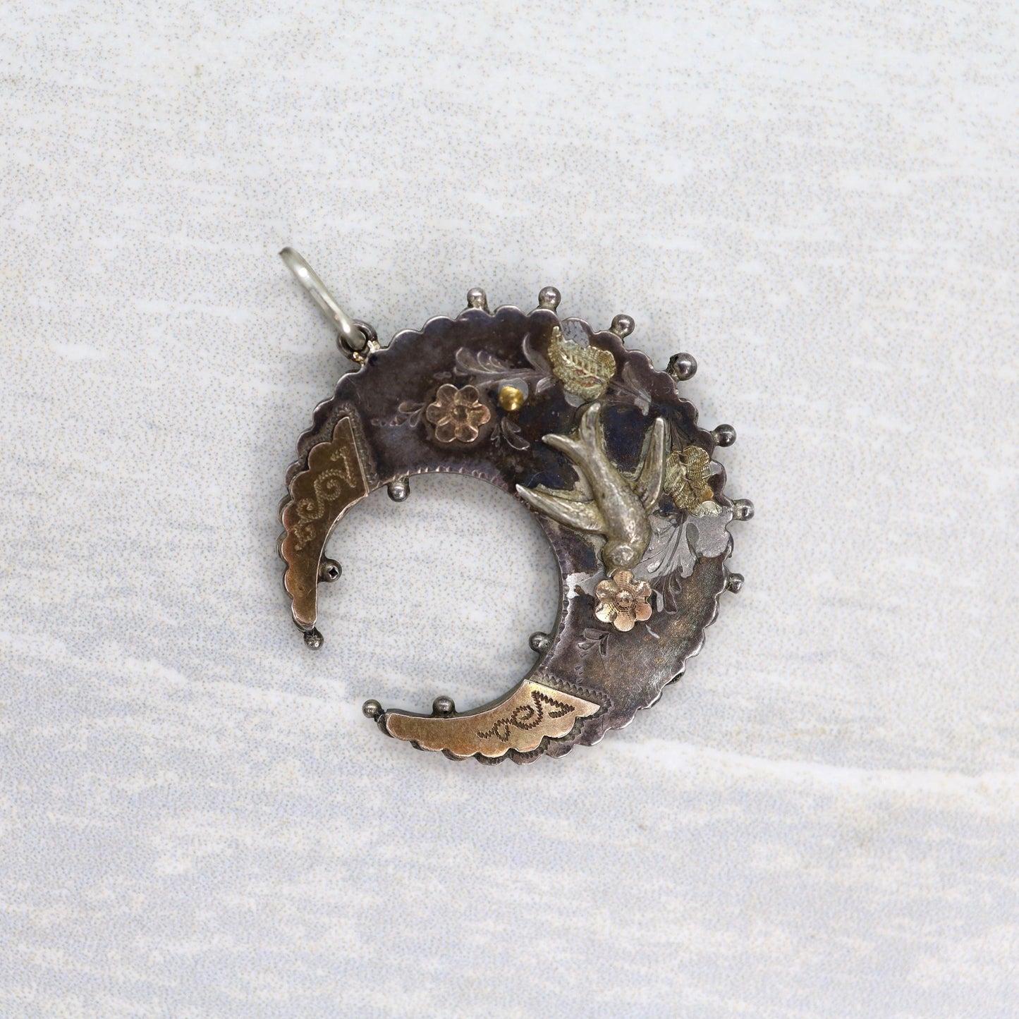 Large Victorian Niello Crescent Moon and Swallow Pendant - JL1765 - Petra Star