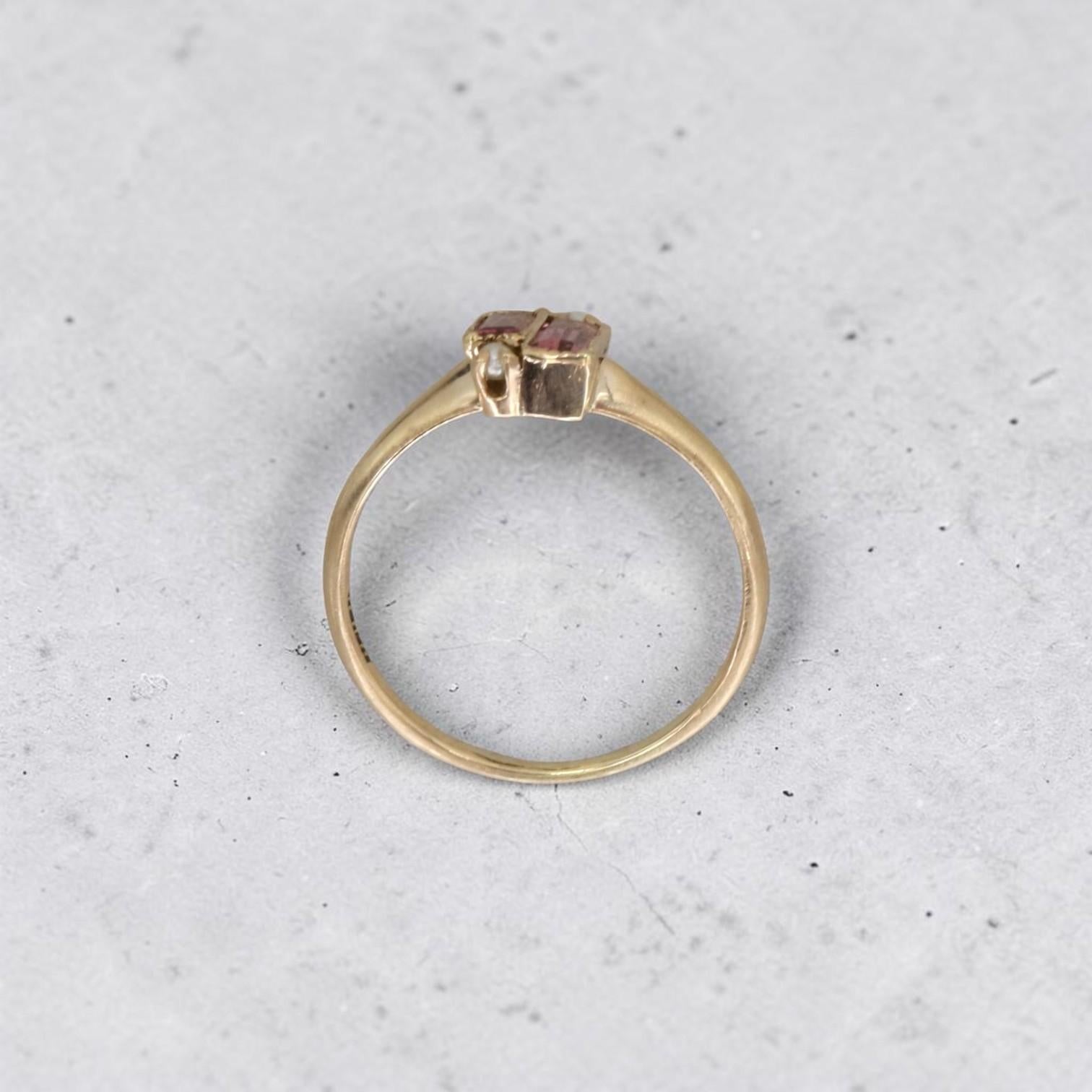 Victorian Pink Tourmaline & Pearl Ring | 10k Gold, 0.53ctw Emerald Cut | RG10242