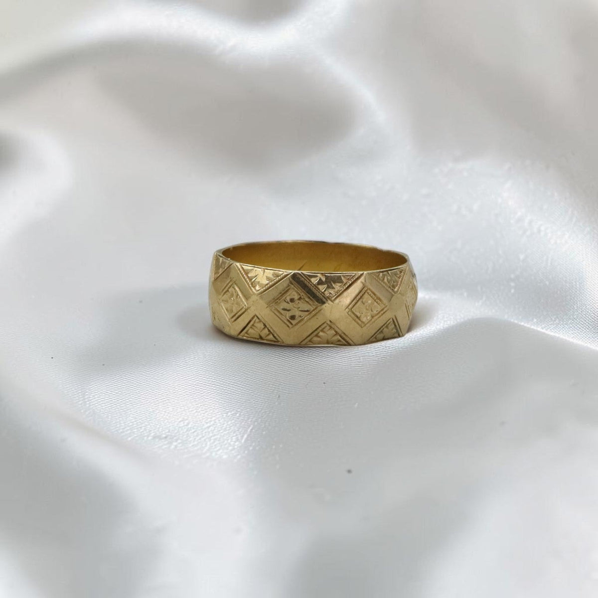 Antique Victorian 14K Yellow Gold Wide Chased Band Ring — Personal Inscription "To Abby, Love Joe," Circa 1900 - Petra StarBand