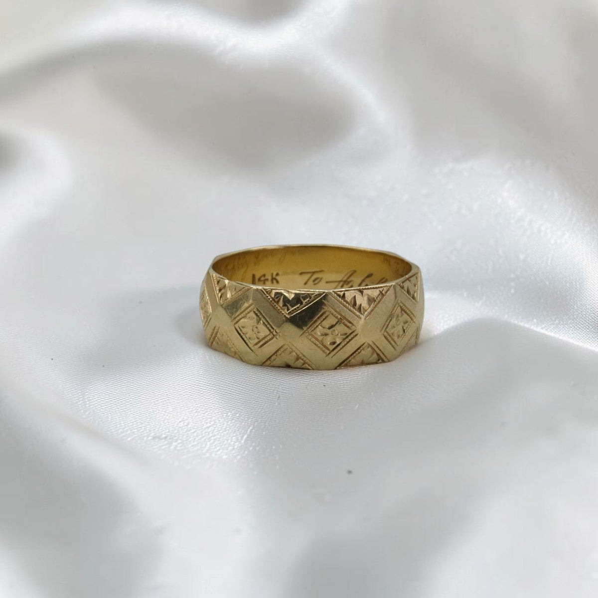 Antique Victorian 14K Yellow Gold Wide Chased Band Ring — Personal Inscription "To Abby, Love Joe," Circa 1900 - Petra StarBand