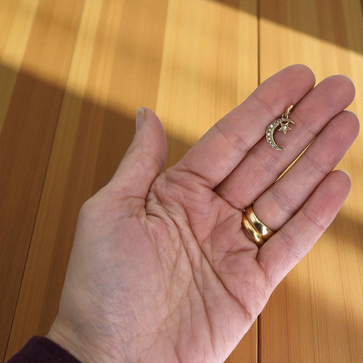 Antique Victorian Crescent Moon and Star Pendant – 14k Yellow Gold with Pearls - Petra Star