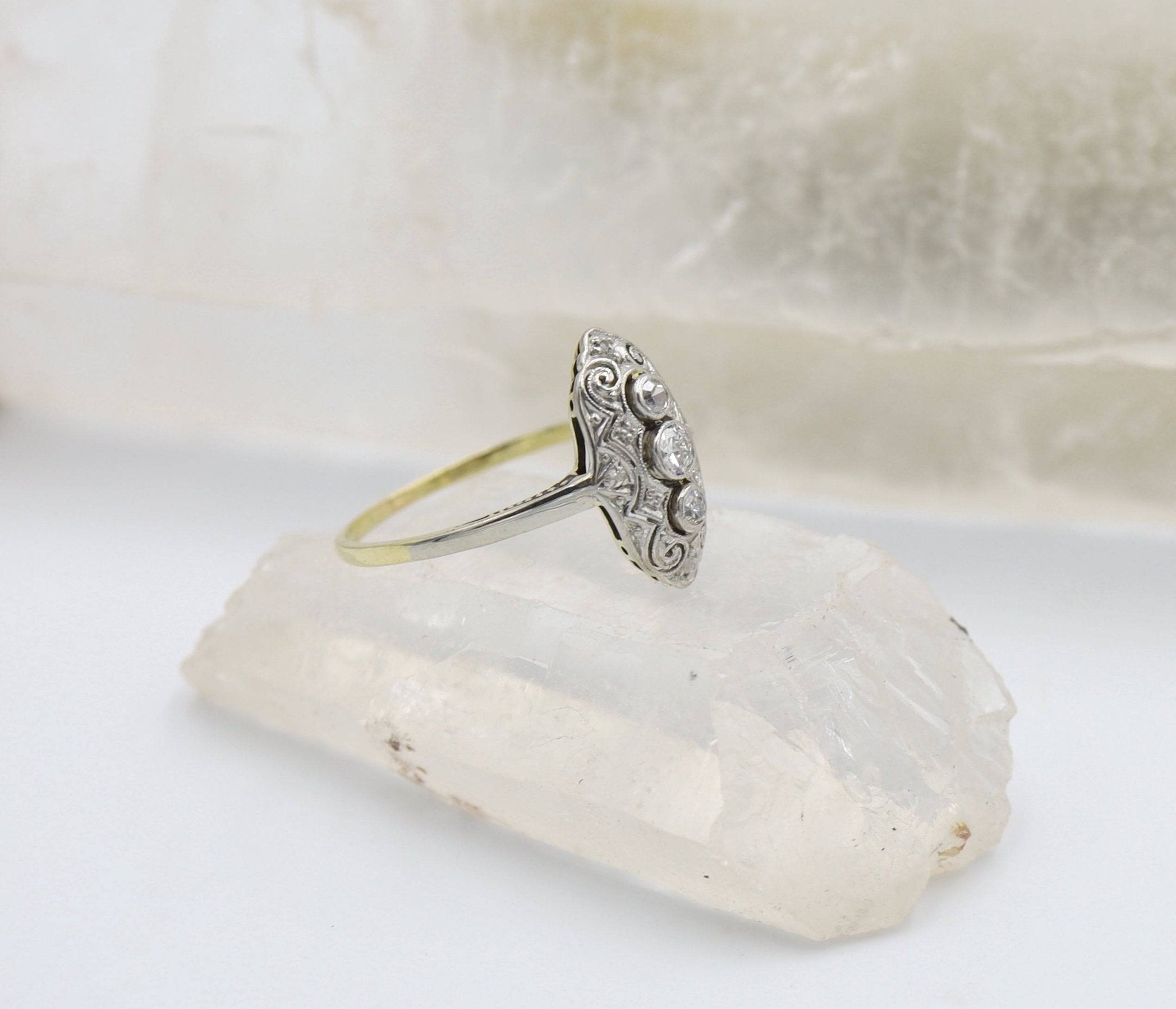Antique Victorian Diamond Ring in Platinum & 14k Gold with Milgrain & Scrollwork - Petra Star
