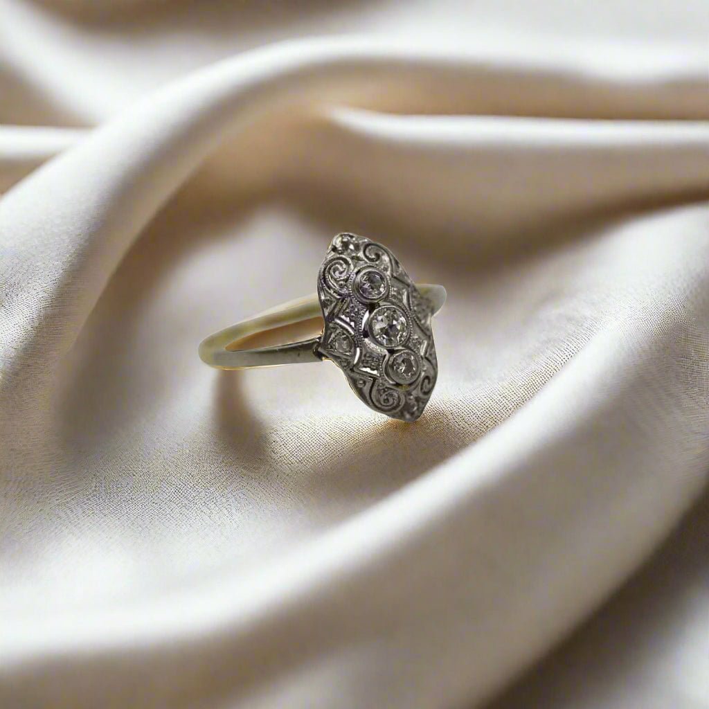 Antique Victorian Diamond Ring in Platinum & 14k Gold with Milgrain & Scrollwork - Petra Star