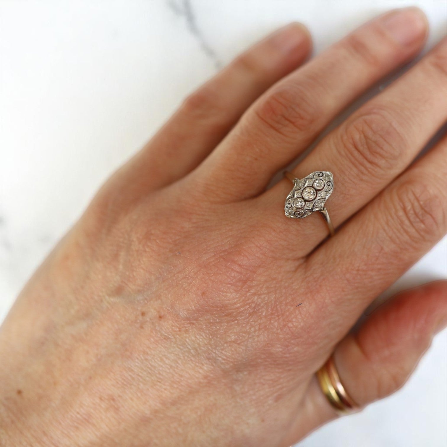 Antique Victorian Diamond Ring in Platinum & 14k Gold with Milgrain & Scrollwork - Petra Star
