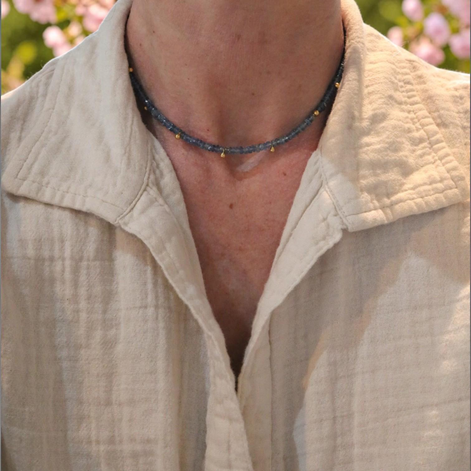 Aquamarine Necklace 22k Gold Drops 18k Clasp, Faceted Aquamarine Beaded Choker - Petra Star