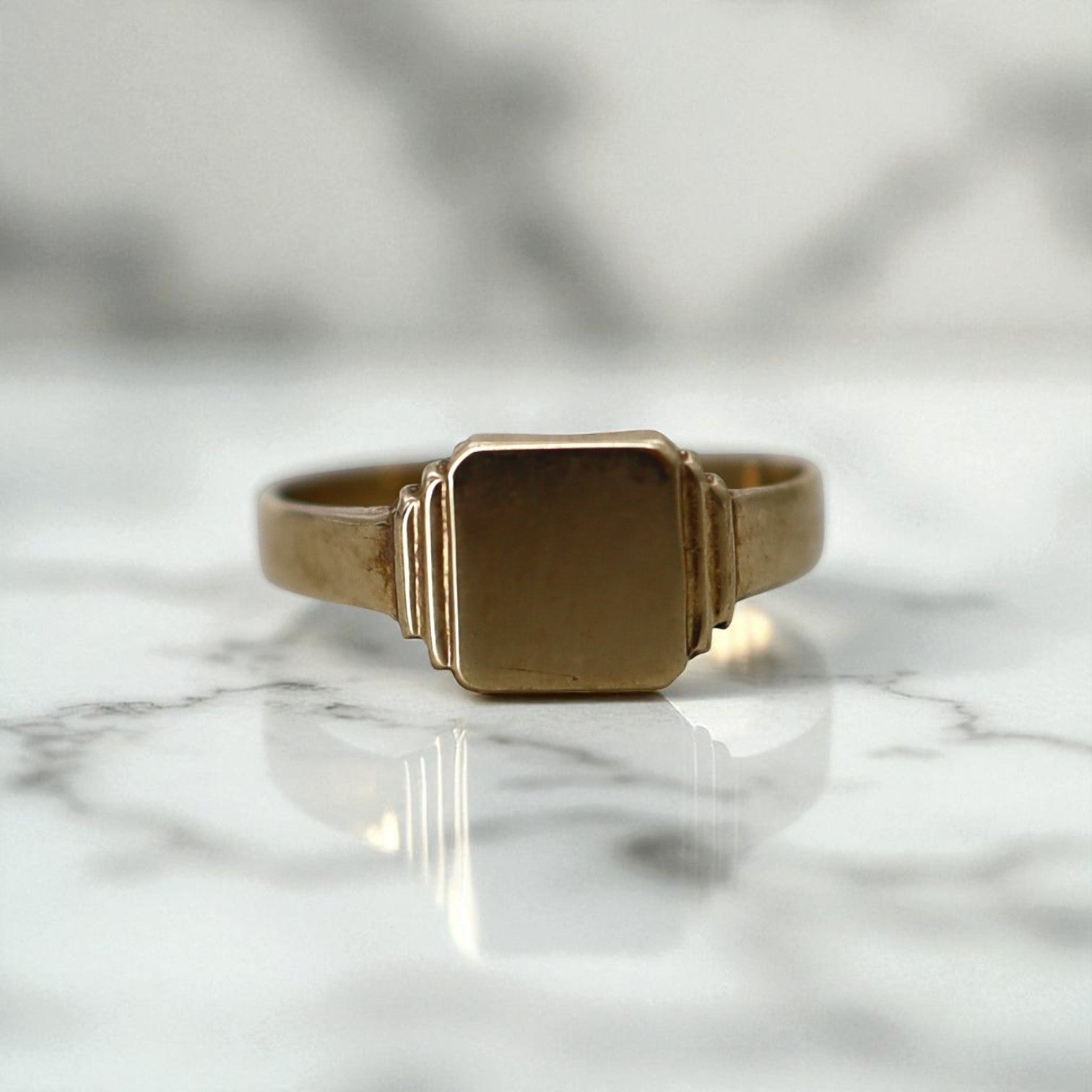 Art Deco 10k Gold Pinky Signet Ring – Step Shoulders, Square Face, Size 4, Ready for Engraving - Petra Star