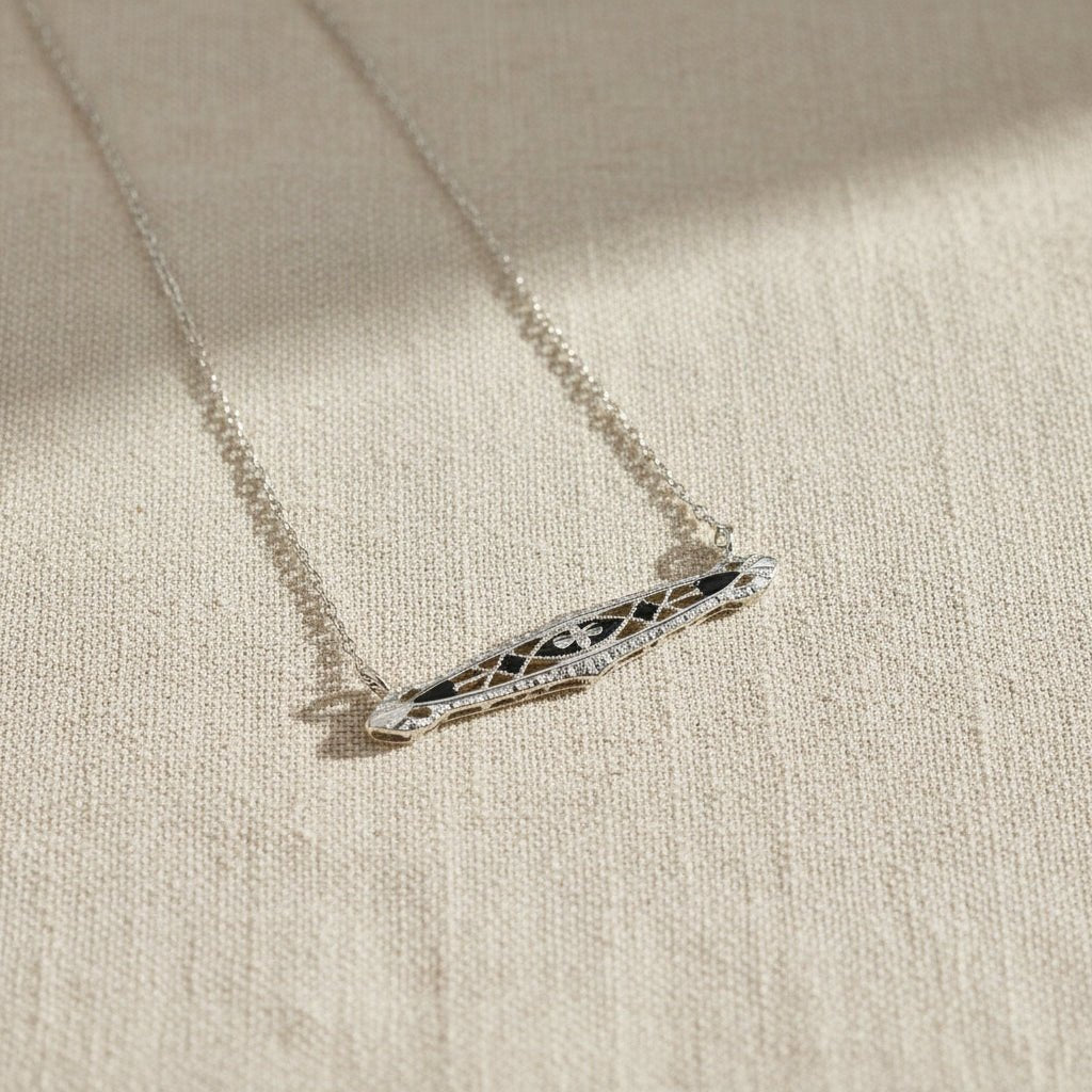 Art Deco Bar Necklace with Black Enamel in 14k White Gold - Petra Star