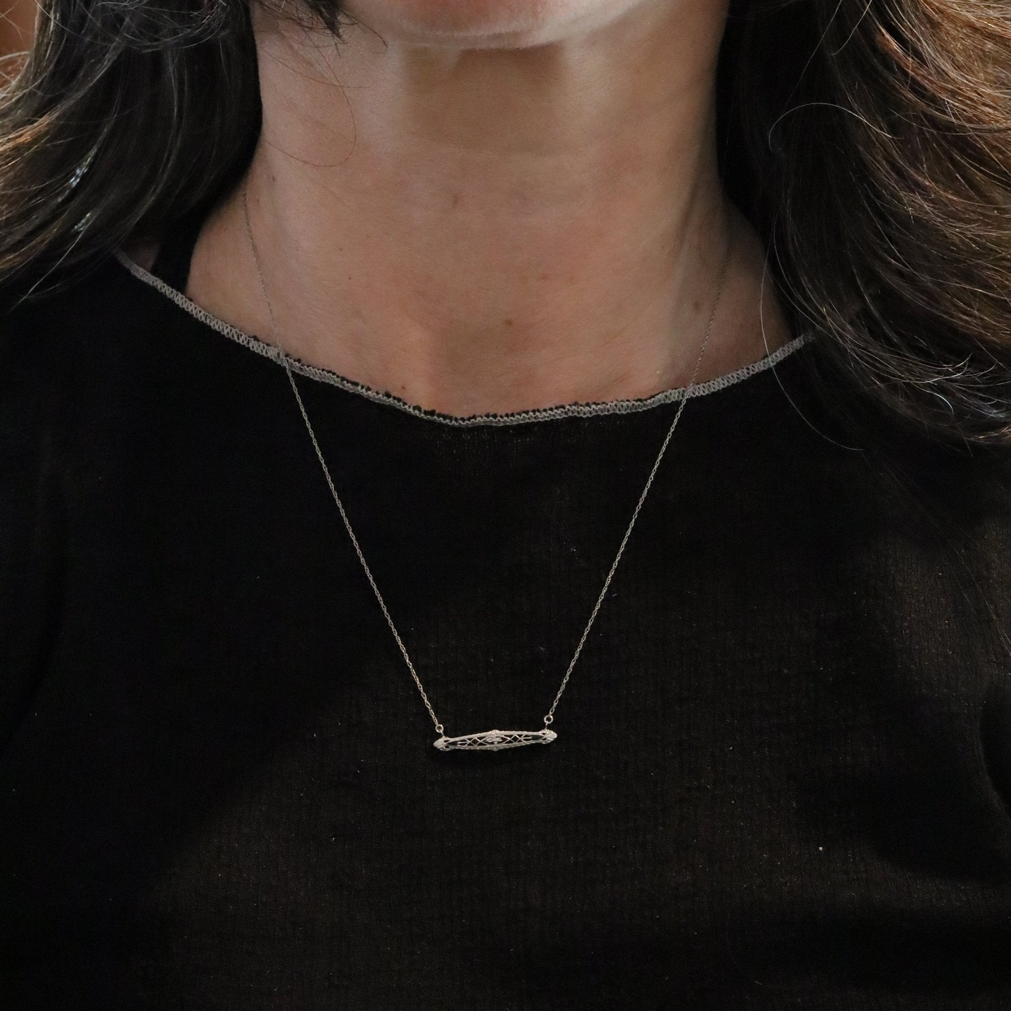 Art Deco Bar Necklace with Black Enamel in 14k White Gold - Petra Star