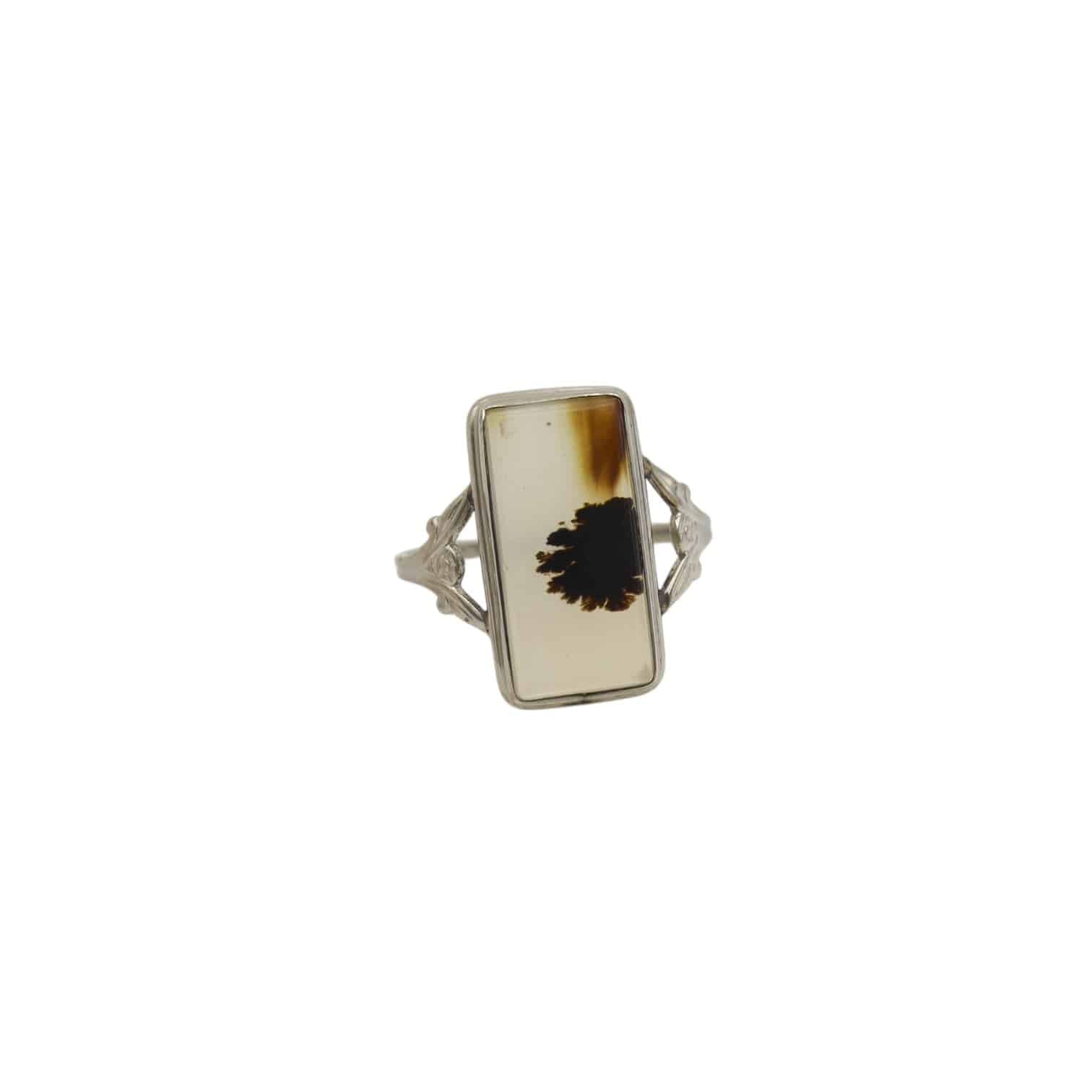 Art Deco Dendritic Agate Ring Moss Agate 10k White Gold Ring - Petra Star
