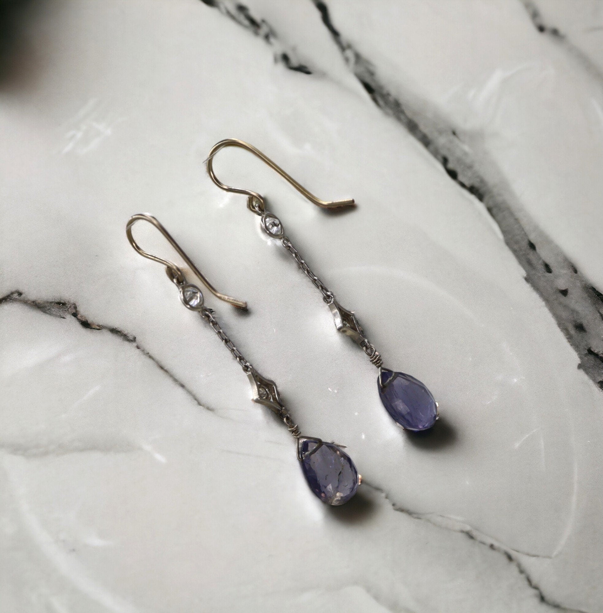 Art Deco Diamond Earrings in 18k White Gold with Iolites - Petra Star