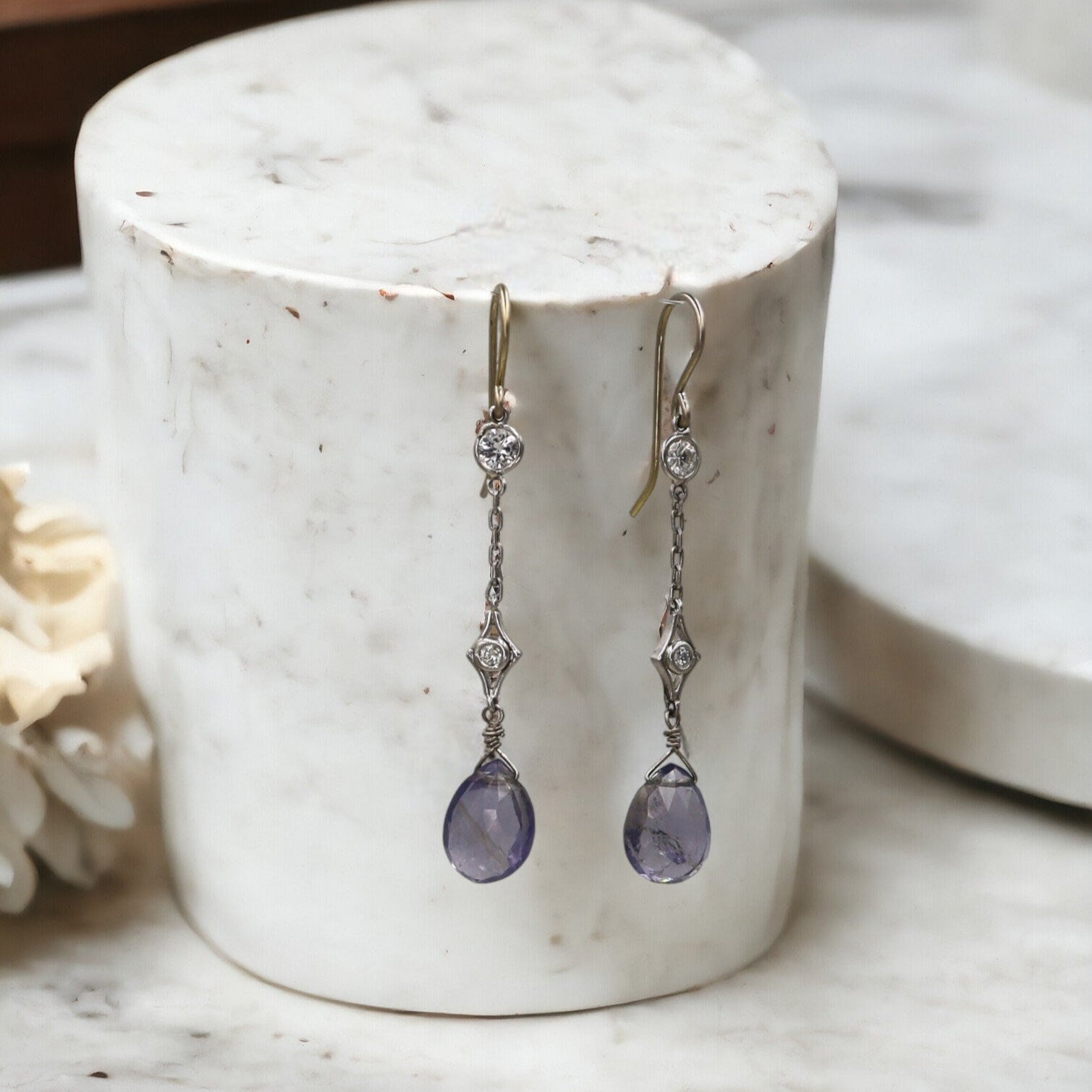Art Deco Diamond Earrings in 18k White Gold with Iolites - Petra Star