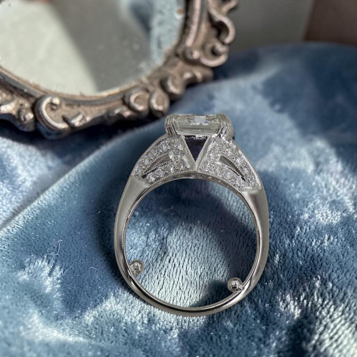 Art Deco Inspired Platinum and Sapphire Vintage Mounting set with 3.09 ct Lab Created Radiant Cut Diamond - Petra Star