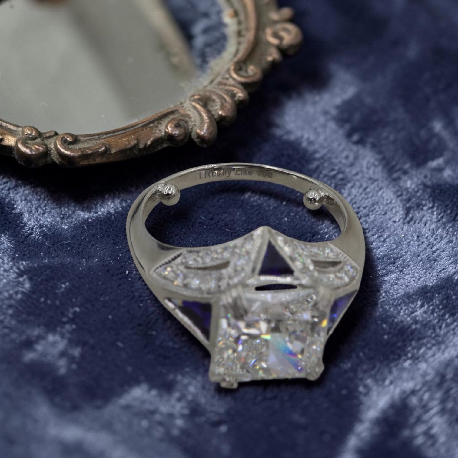Art Deco Inspired Platinum and Sapphire Vintage Mounting set with 3.09 ct Lab Created Radiant Cut Diamond - Petra Star