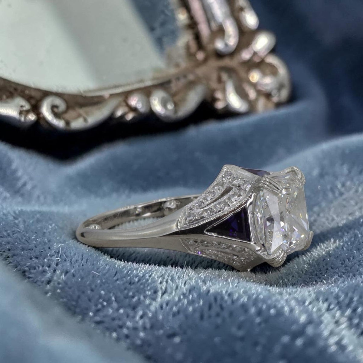 Art Deco Inspired Platinum and Sapphire Vintage Mounting set with 3.09 ct Lab Created Radiant Cut Diamond - Petra Star