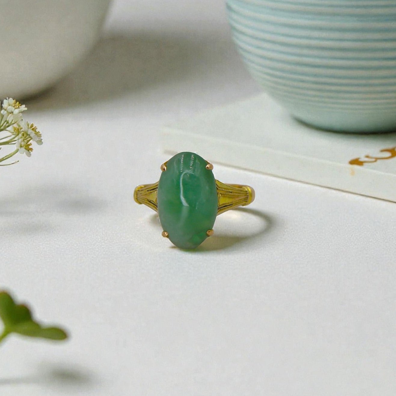 Art Deco Jade Ring in 14k Gold - Petra Star