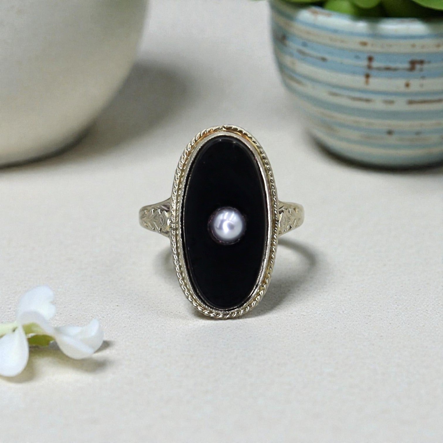 Art Deco Onyx and Pearl Ring in 14k White Gold - Petra Star