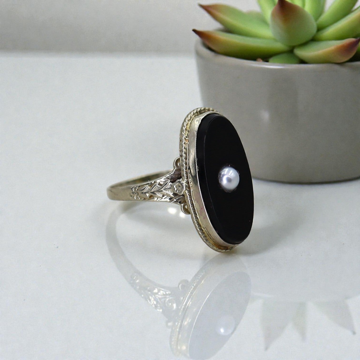 Art Deco Onyx and Pearl Ring in 14k White Gold - Petra Star