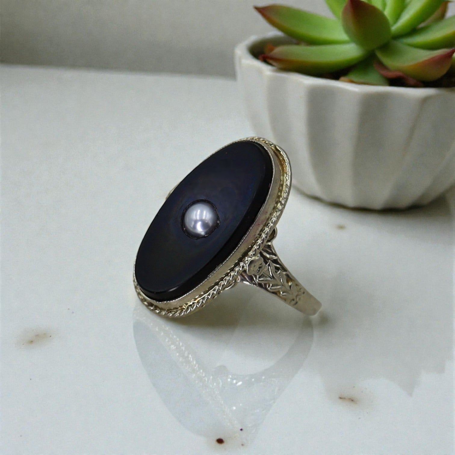 Art Deco Onyx and Pearl Ring in 14k White Gold - Petra Star