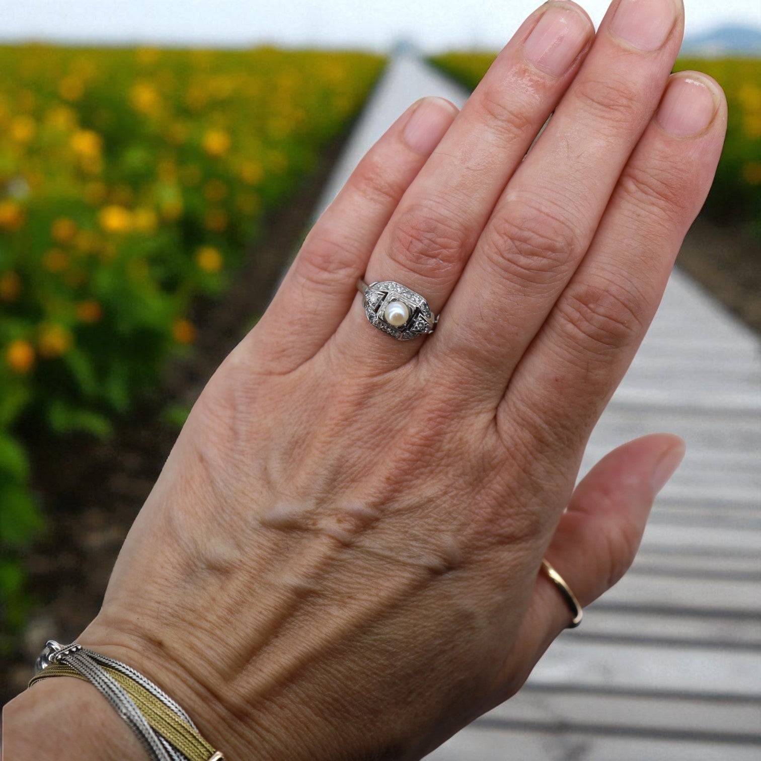 Art Deco Pearl and Diamond Ring - Petra Star