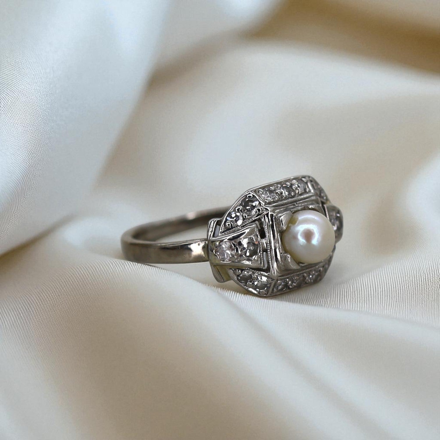 Art Deco Pearl and Diamond Ring - Petra Star